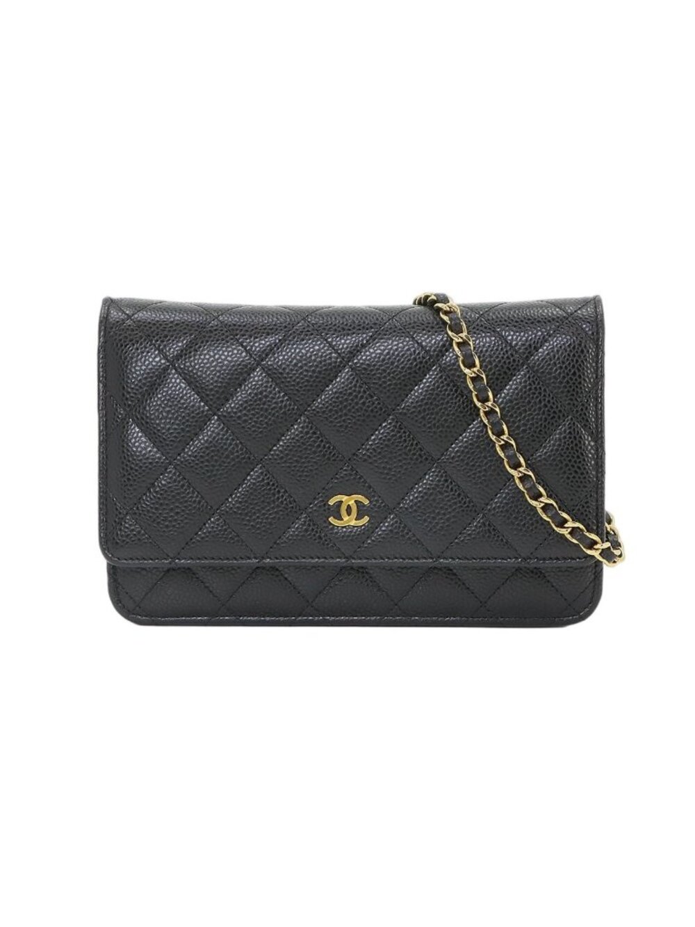 Chanel Quilted Classic Chain Wallet Caviar Leather Black Gold Shoulder Bag